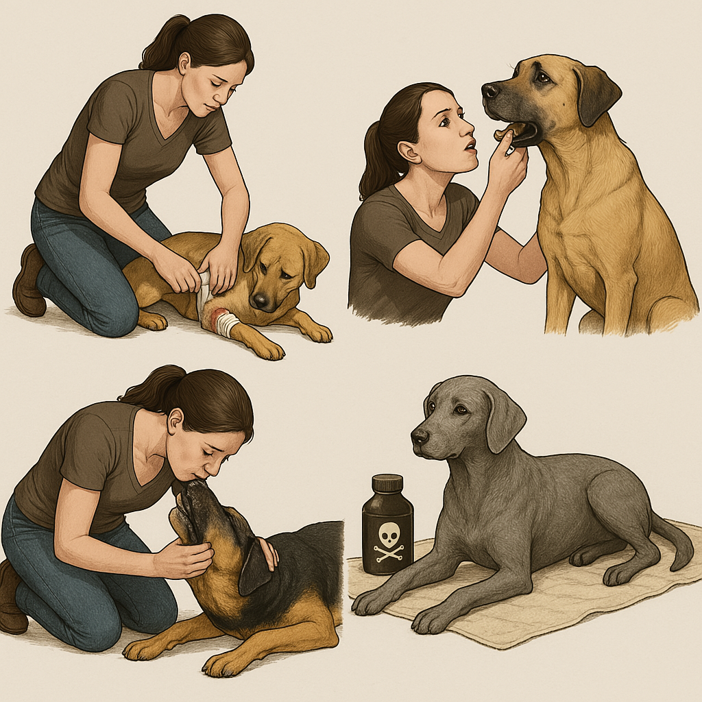 Dog receiving first aid from its owner