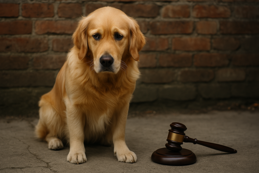 Golden Retriever mit traurigem Blick sitzt auf Betonboden neben Richterhammer – Symbolbild für Tierquälerei bei Hunden, Gerichtsurteil Tiermisshandlung, Hundeschutz und Tierschutzgesetz in Deutschland.