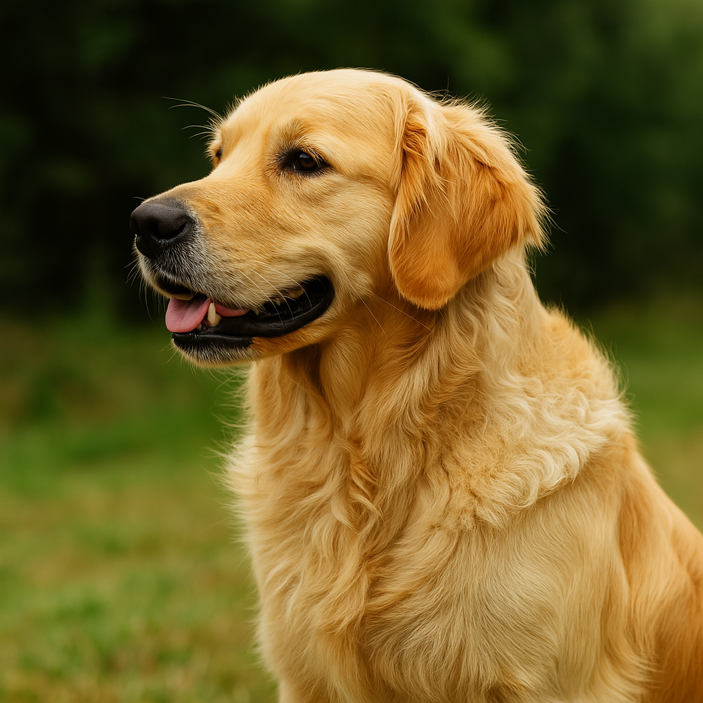 Golden Retriever mit glänzendem, welligem, goldfarbenem Fell sitzt im Profil auf einer grünen Wiese bei Tageslicht – Symbolbild für Golden Retriever Aussehen, sanftmütiger Familienhund, goldener Retriever Charakter, Hundeporträt Natur, beliebteste Hunderasse weltweit, Golden Retriever Haltung draußen, freundlicher Hund mit weichem Fell, Retriever für Familien mit Kindern.