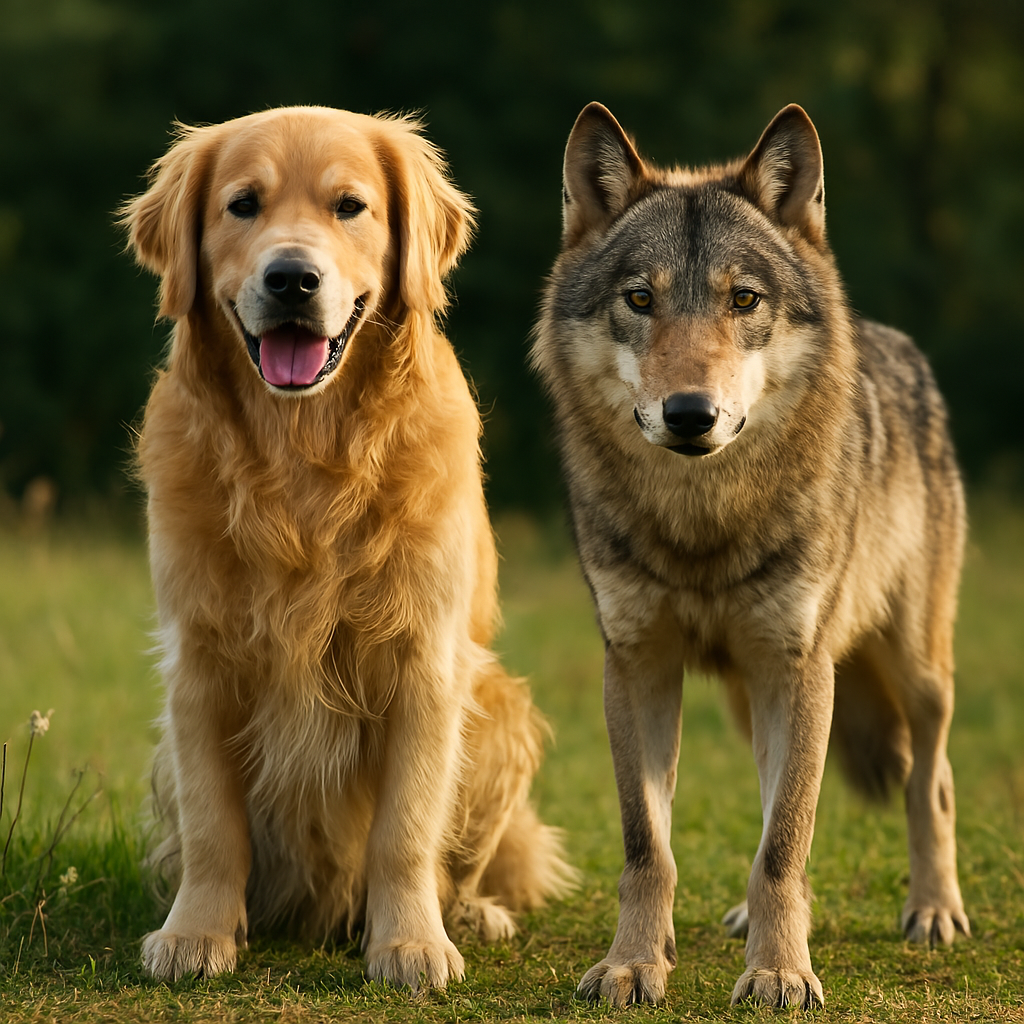 Ein Golden Retriever mit freundlichem Ausdruck sitzt neben einem wachsamen Wolf in einer natürlichen Umgebung bei Tageslicht. Das Bild steht exemplarisch für Tierschutz Hund und Wolf, Retriever im Vergleich zum Wolf, Verhalten von Haushunden und Wildwölfen, Unterschied Wolf Hund Beziehung zum Menschen, freilebende Wölfe schützen, Straßenhunde retten, Tierschutzgesetz Hund Wolf.