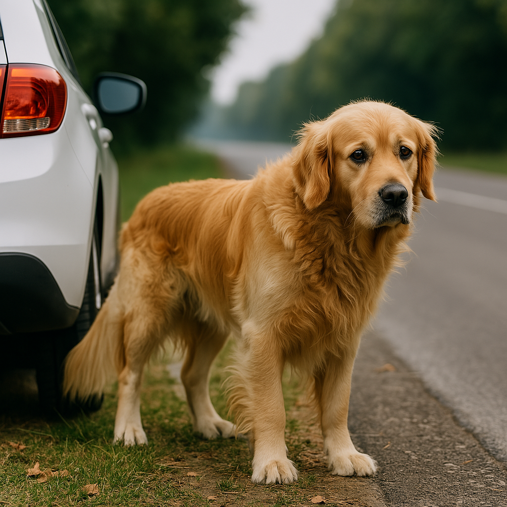 Ein trauriger Golden Retriever steht allein am Straßenrand neben einem geparkten Auto, mit nachdenklichem Blick und hängenden Ohren – Symbolbild für Hund ausgesetzt im Urlaub, Golden Retriever verlassen, Tierquälerei durch Aussetzen, Straßenhund erkennen, Hundeverhalten nach Aussetzung, Tierschutz Sommerzeit, Verantwortung Hund Urlaub.