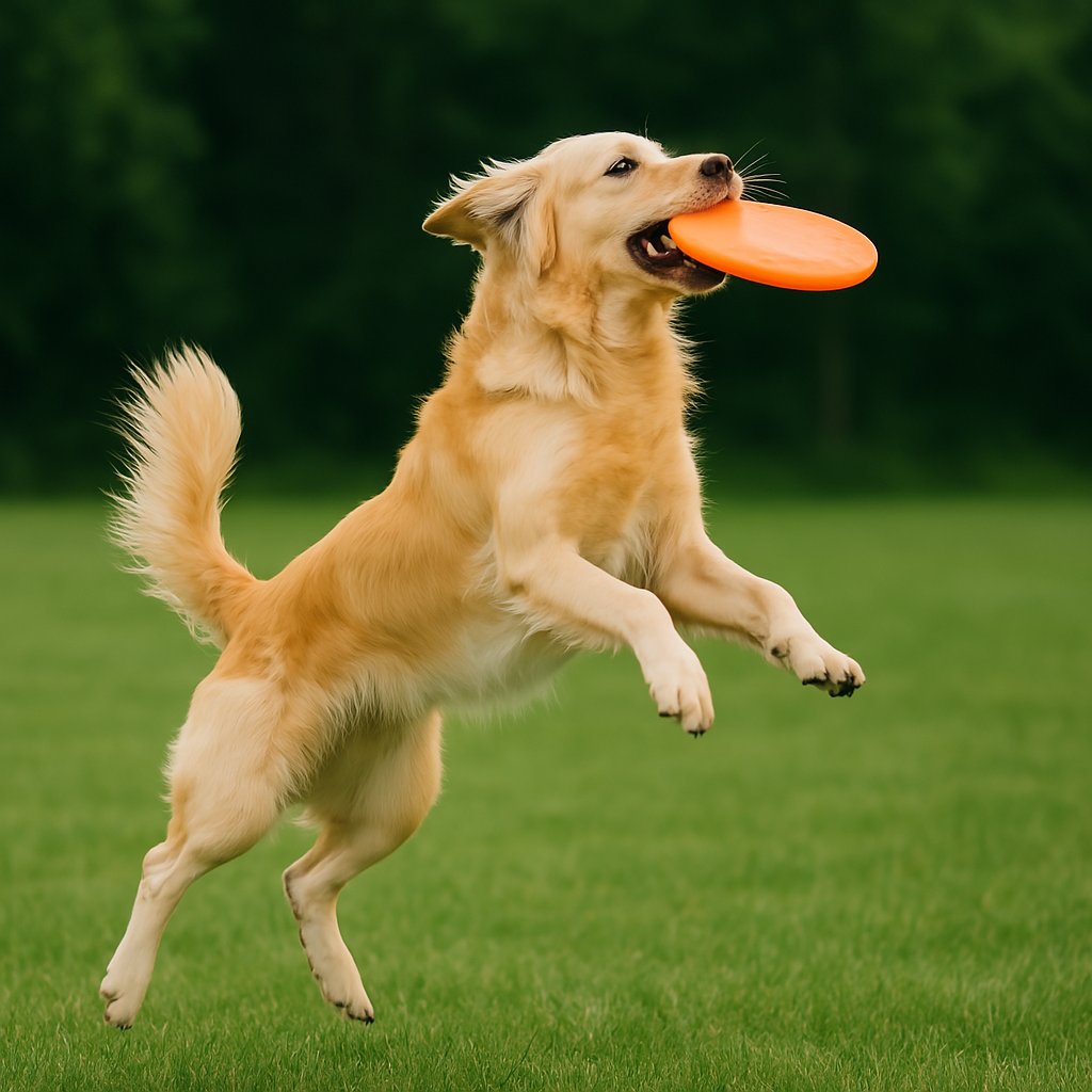 Ein energiegeladener Golden Retriever springt in einem Park hoch, um eine orange Frisbee zu fangen. Das Bild symbolisiert aktives Hundetraining, Outdoor-Spiel und die artgerechte Beschäftigung von Retrievern.