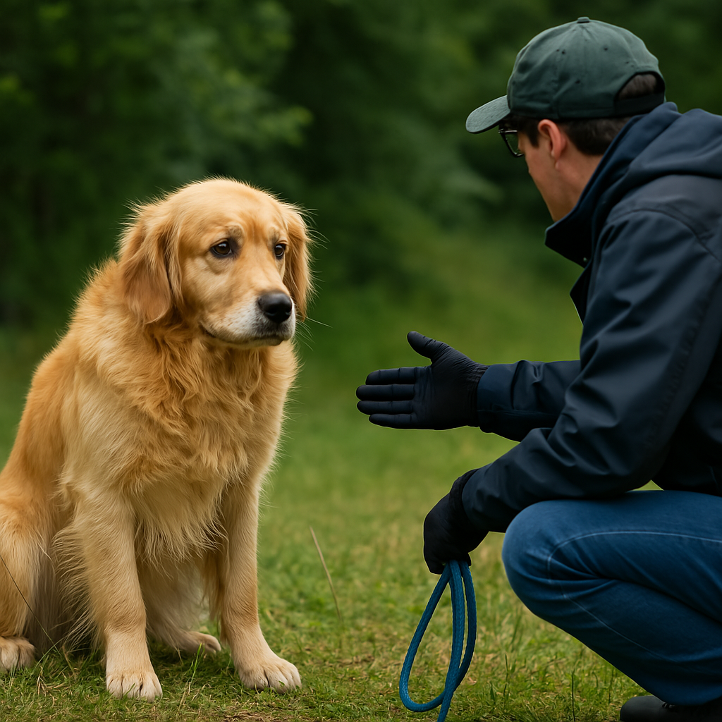 Verängstigter Golden Retriever sitzt auf einer Wiese und blickt vorsichtig zu einem Tierschützer in Schutzkleidung, der sich ihm behutsam mit einer Leine nähert. Symbolbild für Themen wie Straßenhund retten, Golden Retriever in Not, verlassene Hunde einfangen, Hund mit Geduld sichern, Tierschutz Einsatz Hund, Retriever Hilfe Deutschland und ängstlicher Hund Vertrauen aufbauen.