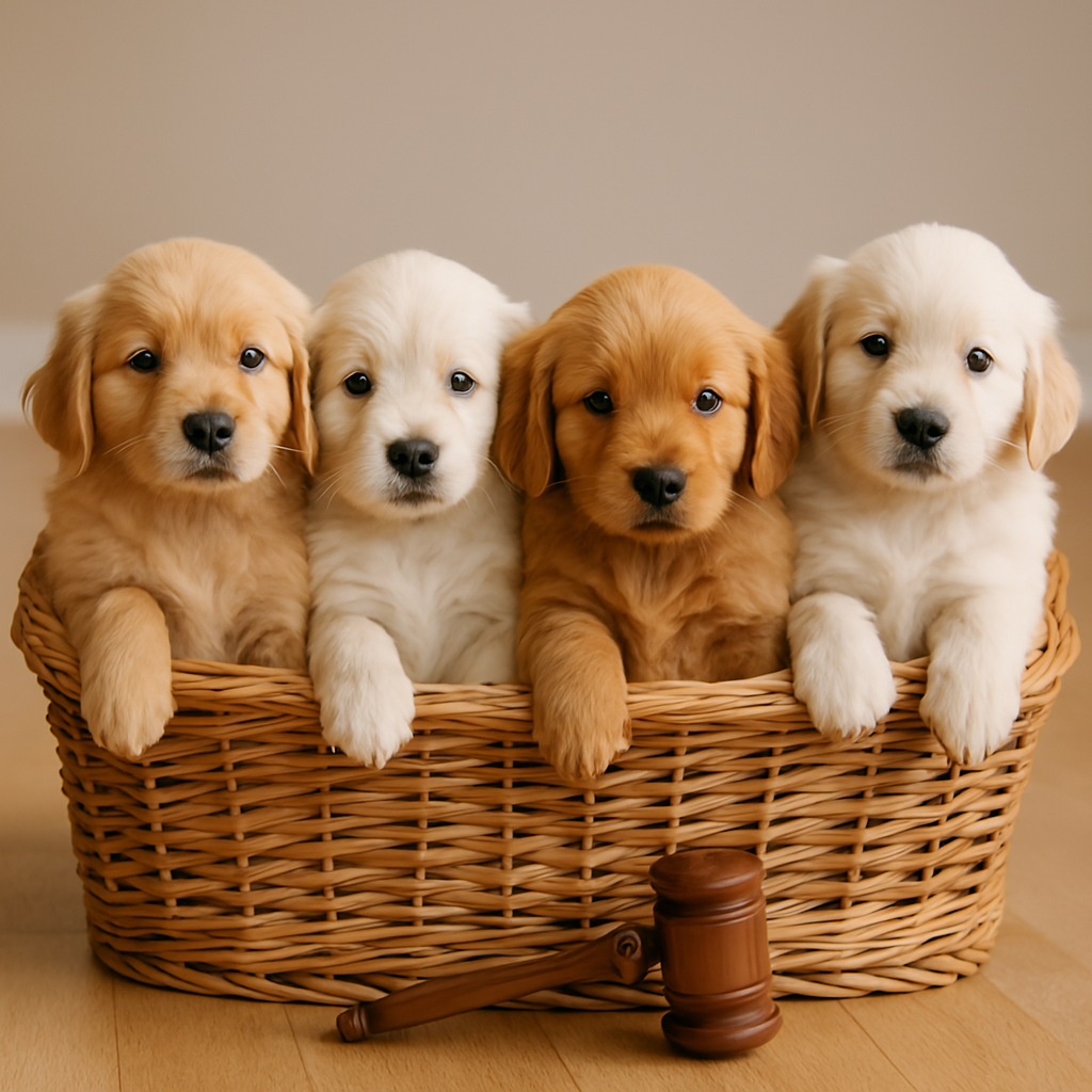 Fünf Golden Retriever Welpen in verschiedenen Farben – creme, gold und rötlich – sitzen eng aneinander gekuschelt in einem Weidenkörbchen, Symbolbild für Golden Retriever Zucht, Welpenvermittlung, artgerechte Hundehaltung und verantwortungsvolle Hundeadoption.