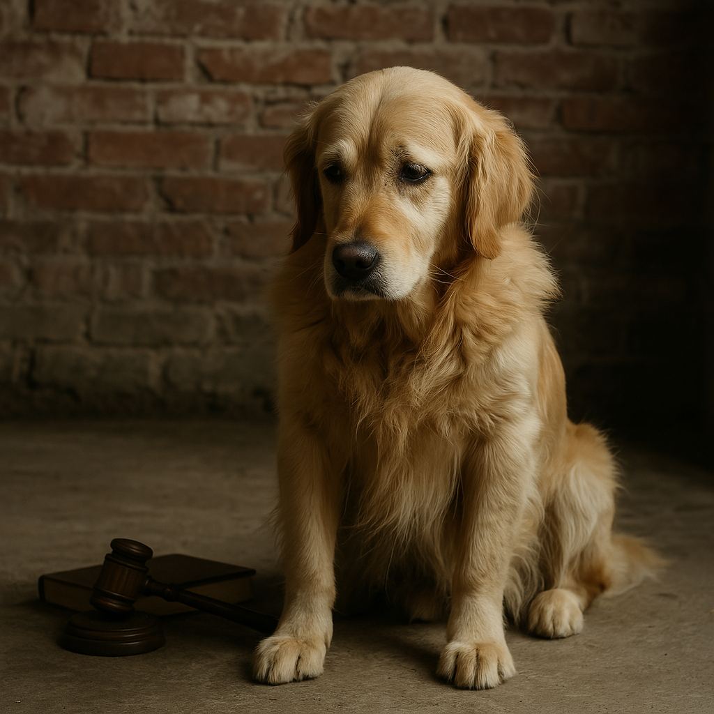 trauriger Golden Retriever sitzt auf Betonboden vor einer Backsteinwand, neben ihm liegt ein Richterhammer – Symbolbild für Tierquälerei, Tierrecht, Golden Retriever Schutz und Gerichtsurteile bei Hundemisshandlung.