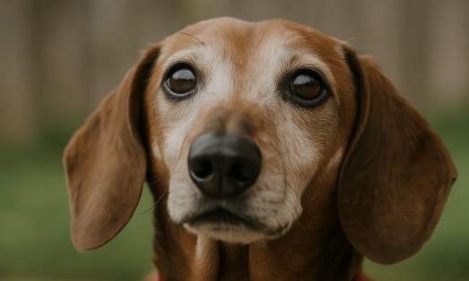 Ausgesetzter Dackel mit treuem Blick und niedlichen Hängeohren guckt mitten in die Kamera