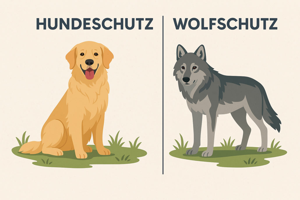 Golden Retriever und Wolf stehen nebeneinander auf einer Wiese bei Sonnenlicht – der eine freundlich und zutraulich, der andere wachsam und scheu. Symbolbild für Themen wie Unterschied Hund und Wolf, Hundeschutz vs. Wolfsschutz, Golden Retriever Charakter, Wolfsschutz Deutschland, Wildtiermanagement Wolf, domestizierter Hund vs. Wildtier, Vergleich Hund Wolf Verhalten.