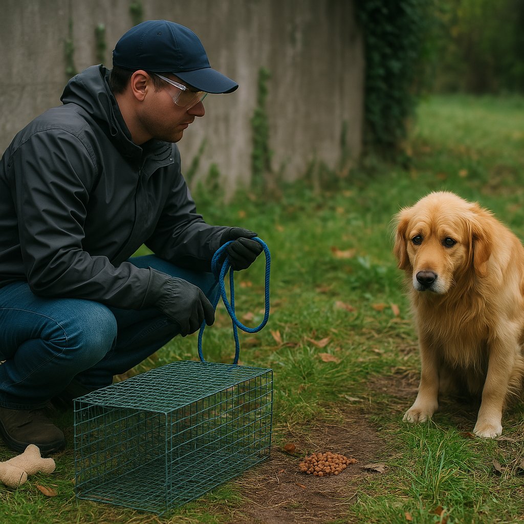 Frightened Golden Retriever carefully captured by an animal rescuer using protective equipment – with food, humane trap, and leash in a calm, green environment. Ideal image for topics such as capturing an abandoned dog, Golden Retriever in need, securing a stray dog, animal welfare measures for dogs, how to capture a dog safely, and rescuing a dog from the street.