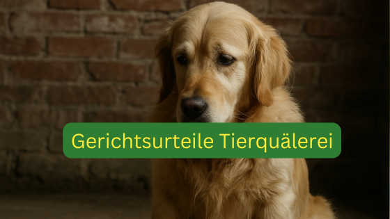 Golden Retriever sitzt ruhig vor Backsteinwand neben Richterhammer – Symbolbild für Hundequälerei, aktuelle Gerichtsurteile zu Tierquälerei, Schutzrechte für Hunde und juristische Konsequenzen bei Misshandlung von Haustieren.