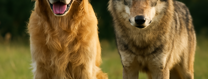 Ein Golden Retriever mit freundlichem Ausdruck sitzt neben einem wachsamen Wolf in einer natürlichen Umgebung bei Tageslicht. Das Bild steht exemplarisch für Tierschutz Hund und Wolf, Retriever im Vergleich zum Wolf, Verhalten von Haushunden und Wildwölfen, Unterschied Wolf Hund Beziehung zum Menschen, freilebende Wölfe schützen, Straßenhunde retten, Tierschutzgesetz Hund Wolf.