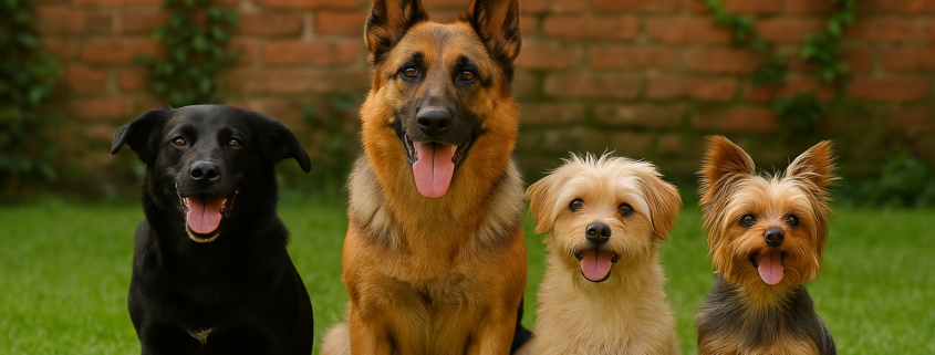 Vier verschiedene Rassen schauen treu in die Kamera. Die Hunde sitzen vor einer Ziegelwand.